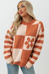 Brown Checkered Floral Print Striped Sleeve Sweater-Tops-MomFashion