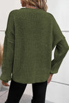 Pickle Green Pointelle Knit Button V Neck Drop Shoulder Sweater-Tops-MomFashion