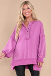 Purple Oversized Exposed Seam Henley Sweatshirt-Tops-MomFashion