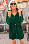 Green Long Sleeve Ruffle Velvet Button Up Dress-Dresses-MomFashion