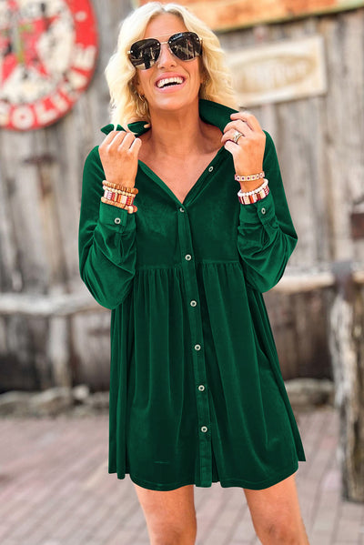 Green Long Sleeve Ruffle Velvet Button Up Dress-Dresses-MomFashion