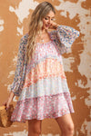 Sky Blue Floral Colorblock Tiered Puff Sleeve Dress-Dresses-MomFashion