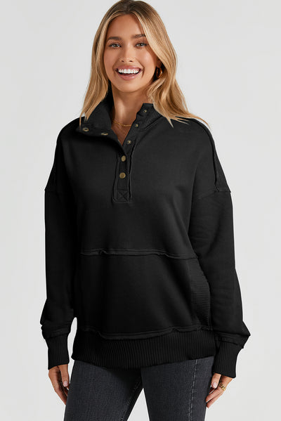 Black Ribbed Hem Snap Button Neckline Sweatshirt with Pocket-Tops-MomFashion