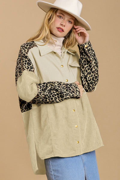 Beige Leopard Patchwork High Low Shirt Jacket-Outerwear-MomFashion