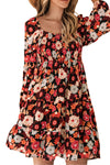 Multicolour Smocked High Waist Long Sleeve Floral Dress-Dresses-MomFashion