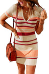 Apricot Striped Ribbed Knit V Neck Bodycon Mini Dress-Dresses-MomFashion