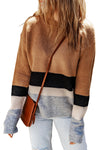 Brown Color Block Striped Ribbed Knit Sweater-Tops-MomFashion