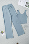 Blue Ribbed Crop Tank Drawstring Lounge Pants Set-Loungewear-MomFashion