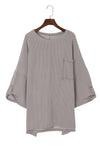 Gray Ribbed Roll-tab Sleeve Chest Pocket Oversize Top-Tops-MomFashion