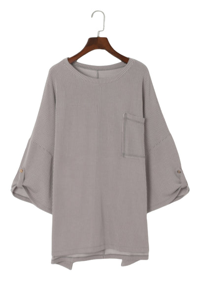 Gray Ribbed Roll-tab Sleeve Chest Pocket Oversize Top-Tops-MomFashion