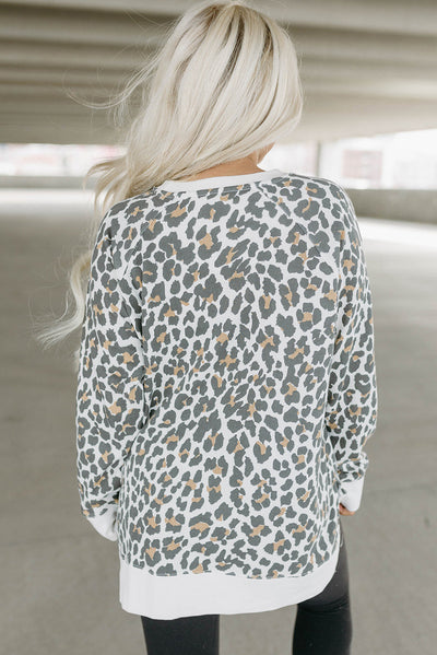 White Printed Solid Trim Leopard Print Top-Tops-MomFashion