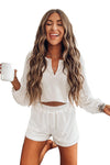 White Waffle Knit Buttoned Long Sleeve Crop and Shorts Lounge Set-Loungewear-MomFashion