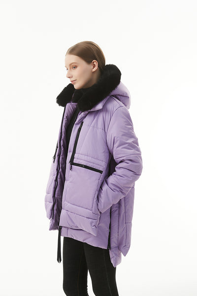 Wisteria Plush Linen Zip Up Hooded Puffer Coat-Outerwear-MomFashion