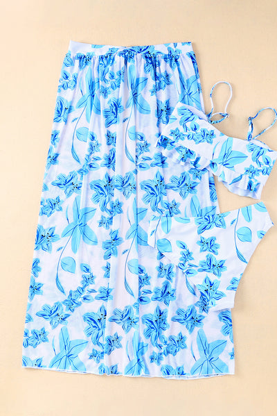 Sky Blue Tropical Ruffle Bikini High Waisted Swimsuit with Sarong-Swimwear-MomFashion