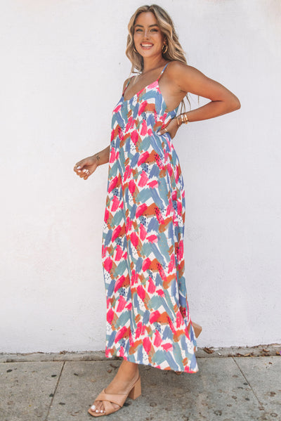 Multicolor Abstract Print Spaghetti Straps Maxi Dress-Dresses-MomFashion