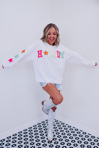 White Glitter Howdy Patch Graphic Casual Sweatshirt-Tops-MomFashion