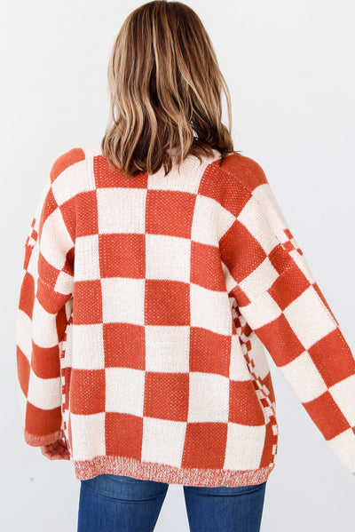 Chestnut Mix Checkered Open Front Knit Cardigan-Tops-MomFashion