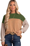 Green Color Block Long Sleeve Ribbed Loose Top-Tops-MomFashion