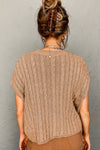 Light French Beige Crew Neck Cable Knit Short Sleeve Sweater-Tops-MomFashion