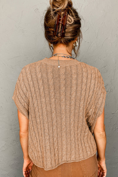 Light French Beige Crew Neck Cable Knit Short Sleeve Sweater-Tops-MomFashion