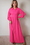 Rose Bubble Sleeve Shirt Maxi Dress-Dresses-MomFashion