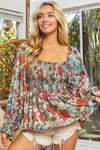 Printed Floral Print Smocked Puff Sleeve Peplum Blouse-Tops-MomFashion