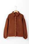 Coffee Textured Corduroy Puff Sleeve Shacket-Outerwear-MomFashion