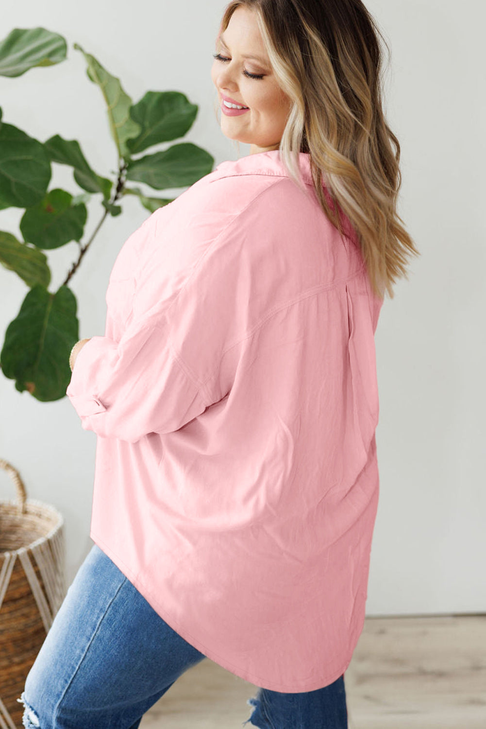 Pink Flap Pocket Tab Sleeve Button-Down Plus Size Shirt-Plus Size-MomFashion