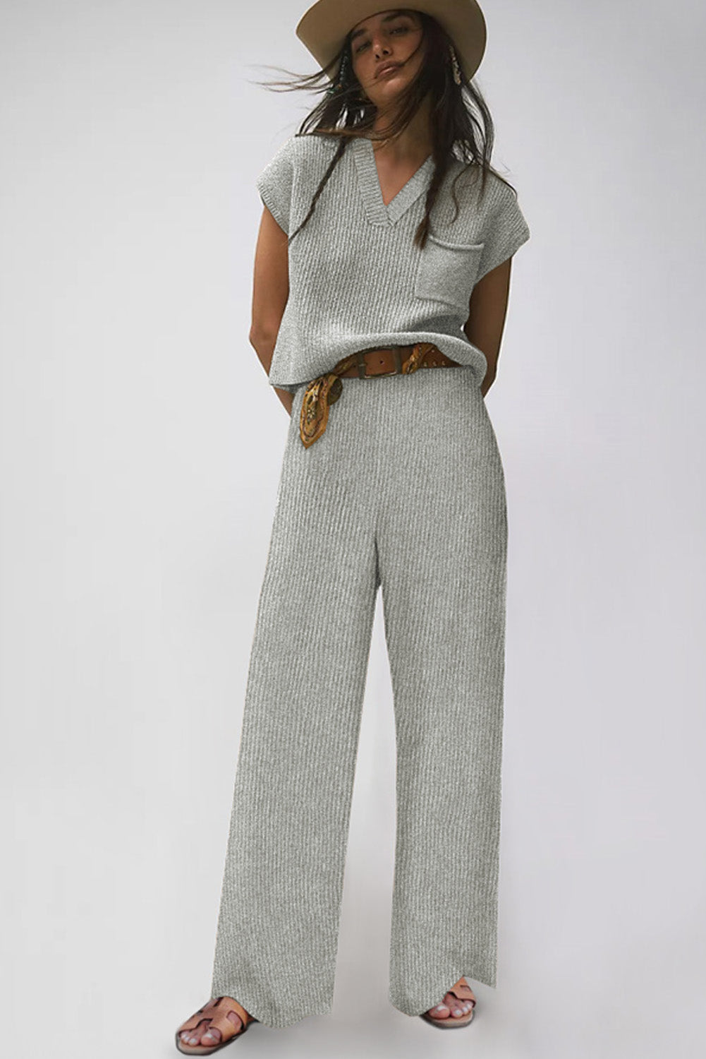 Gray Knitted V Neck Sweater and Casual Pants Set-Loungewear-MomFashion
