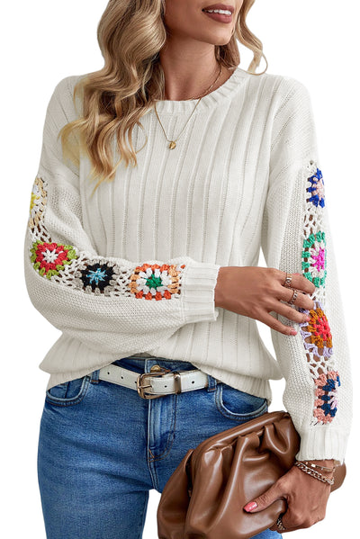 White Floral Crochet Sleeve Ribbed Knit Sweater-Tops-MomFashion