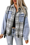 Sky Blue Plaid Patchwork Fringed Flap Pockets Denim Jacket-Outerwear-MomFashion