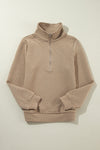 Pale Khaki Solid Half Zipper Quilted Pullover Sweatshirt-Tops-MomFashion