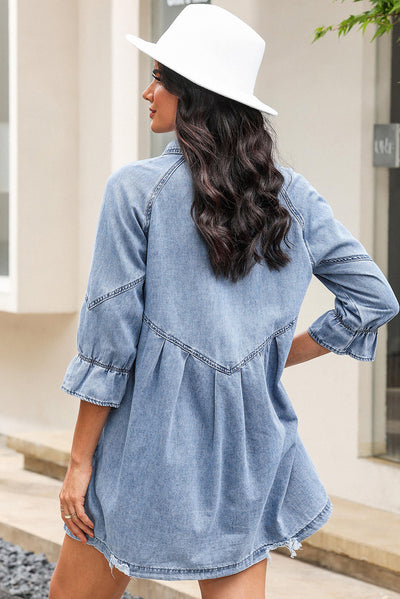 Light Blue Ruffled 3/4 Sleeve Buttoned Front Plus Size Denim Dress-Plus Size-MomFashion