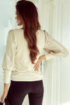 Khaki Buttoned Cuffs Shiny Puff Sleeves Top-Tops-MomFashion