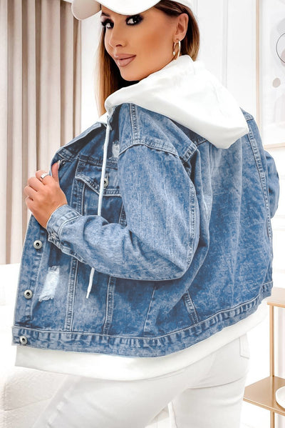 Sky Blue Distressed Contrast Hooded Denim Jacket with Pockets-Outerwear-MomFashion