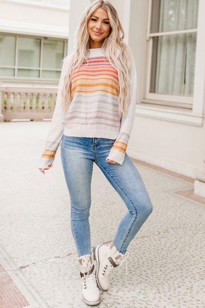 Multicolor Stripe Long Sleeve Round Neck Sweater-Tops-MomFashion