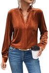 Gold Flame Frilled Collar Velvet Shirt-Tops-MomFashion