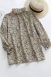 Khaki Frilled Neck 3/4 Sleeves Cheetah Blouse-Tops-MomFashion