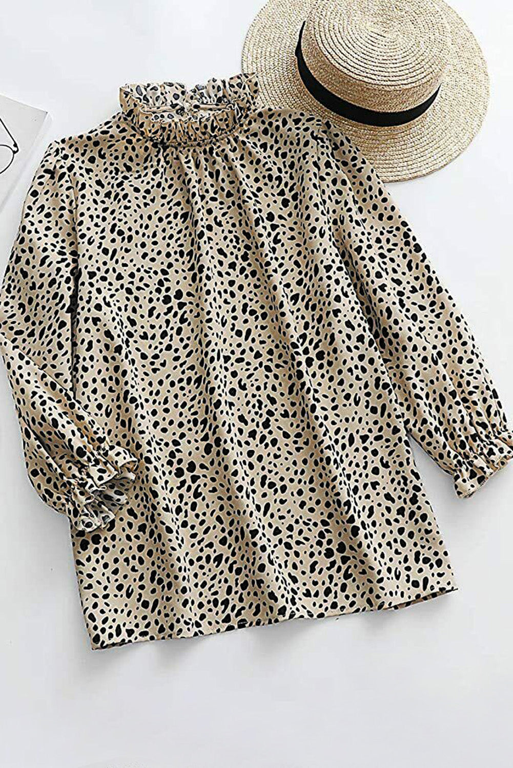 Khaki Frilled Neck 3/4 Sleeves Cheetah Blouse-Tops-MomFashion