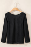 Black Floral Lace Splicing Eyelet Long Sleeve Top-Tops-MomFashion