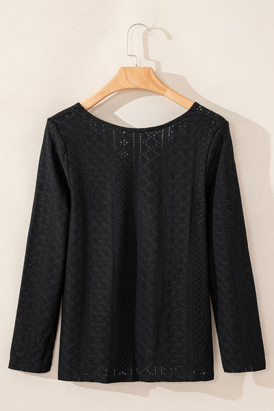 Black Floral Lace Splicing Eyelet Long Sleeve Top-Tops-MomFashion