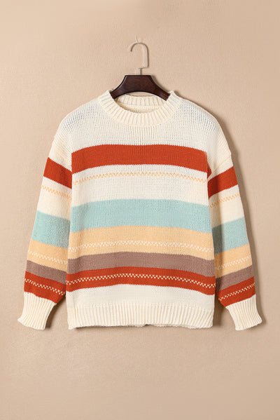 Crew Neck Drop-shoulder Striped Color Block Sweater-Tops-MomFashion