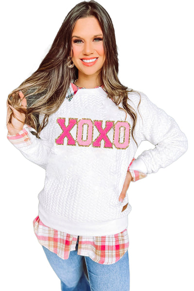 White XOXO Glitter Chenille Cable Knit Pullover Sweatshirt-Tops-MomFashion