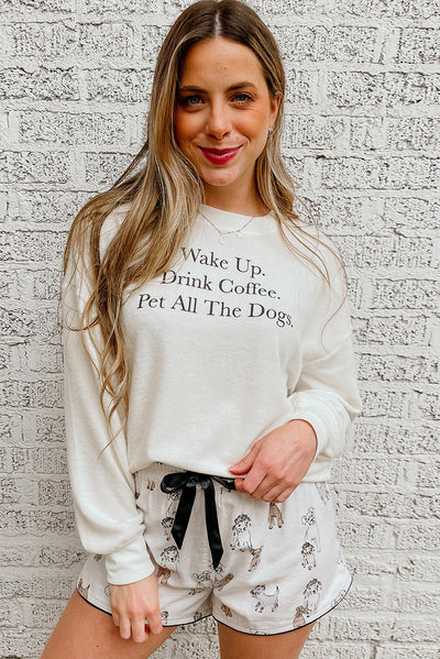 White Long Sleeve Letters Pullover and Animal Shorts Lounge Set-Loungewear-MomFashion