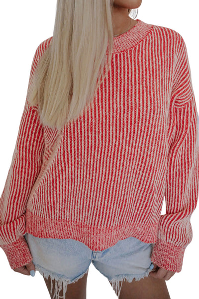 Striped Print Ribbed Trim Round Neck Sweater-Tops-MomFashion