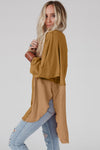 Camel Crinkle Splicing Raw Hem High Low Oversized Blouse-Tops-MomFashion