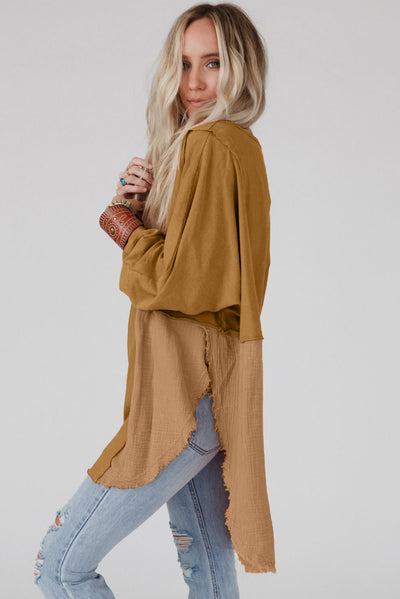 Camel Crinkle Splicing Raw Hem High Low Oversized Blouse-Tops-MomFashion