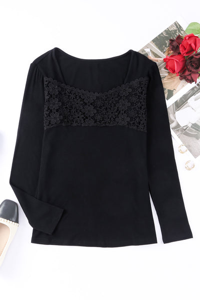 Black Lace Crochet V Neck Long Sleeve Top-Tops-MomFashion