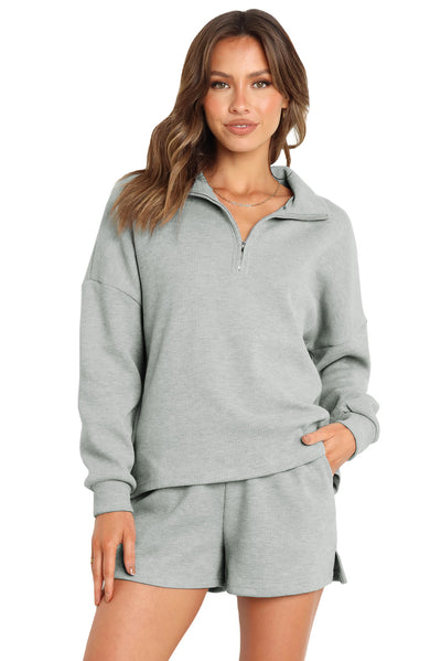 Gray Ribbed Zipper Sweatshirt and High Waist Shorts Set-Loungewear-MomFashion