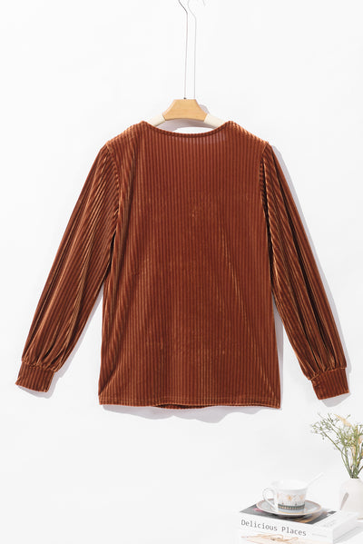 Chestnut Half Zip V Neck Ribbed Velvet Top-Tops-MomFashion